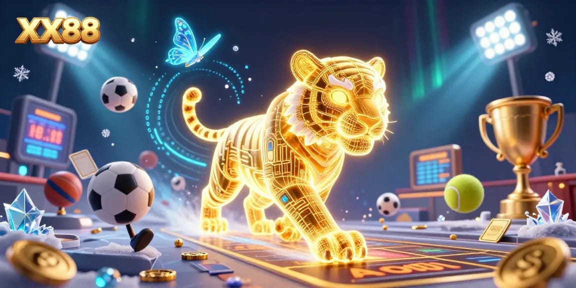 Experience the excitement of XX88 as a neon-wireframe tiger roams a vibrant digital casino filled with dynamic gaming elements.