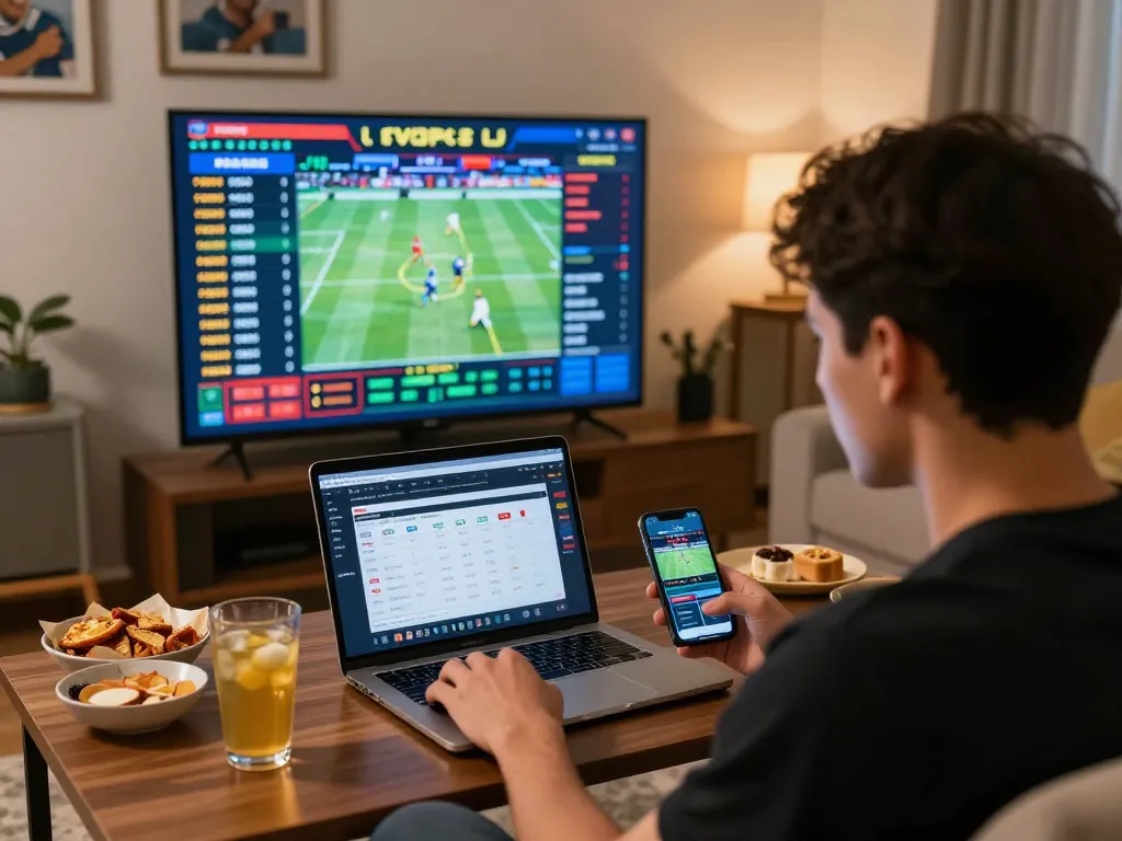 Engaged gambler using 33win to place strategic bets during live sports events at home.