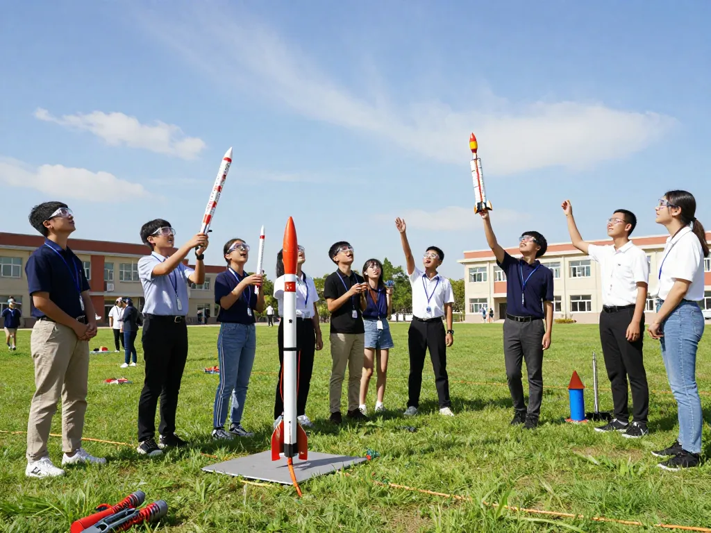 Students launching model rocket engines in outdoor school event, showcasing excitement and teamwork.
