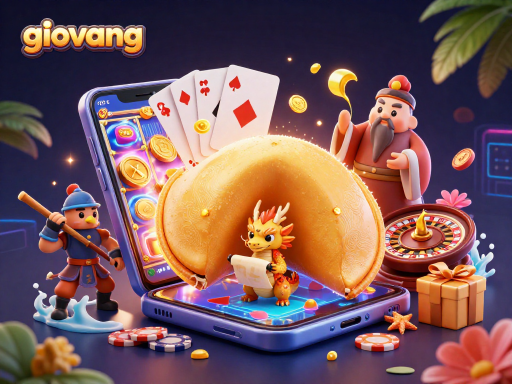 Play exciting games like slots with giovang as golden coins erupt from a smartphone and colorful characters interact.