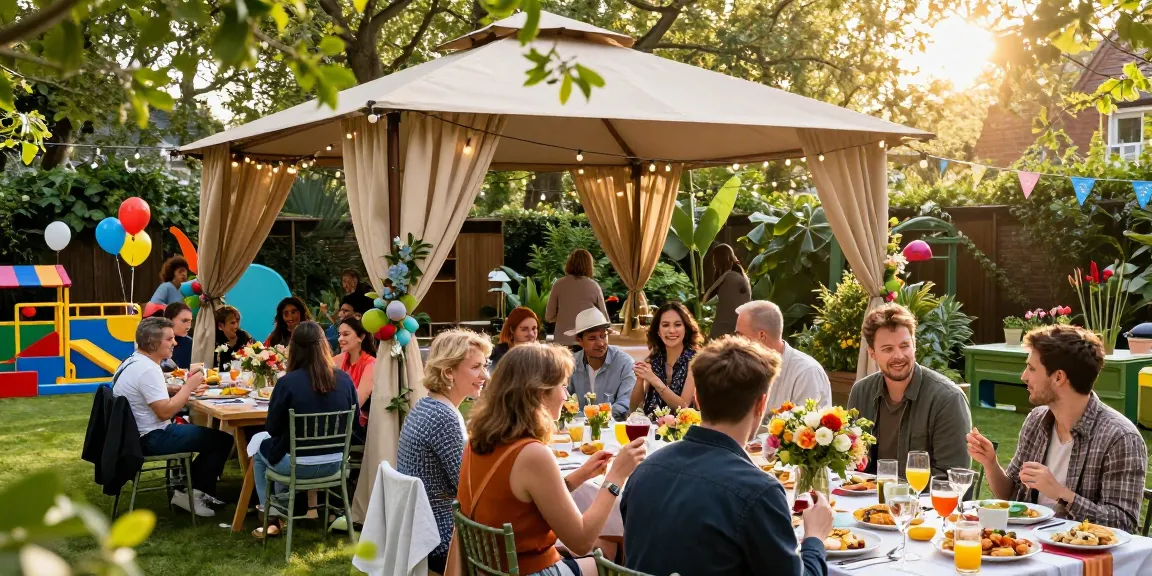 Gazebo hire London providing elegant shelter for a joyful garden party.