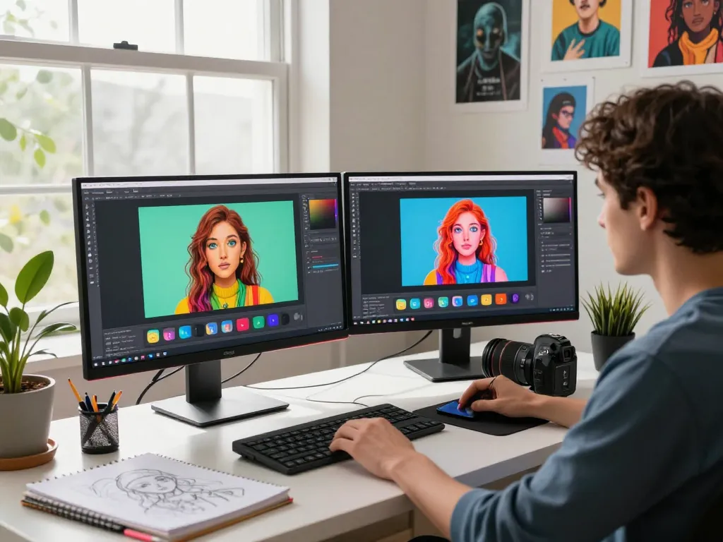 Digital artist using nano banana for AI image editing in a creative workspace.
