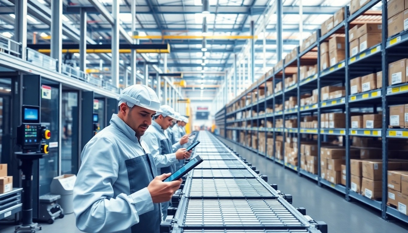 Production traceability software in a modern manufacturing facility with workers tracking inventory.
