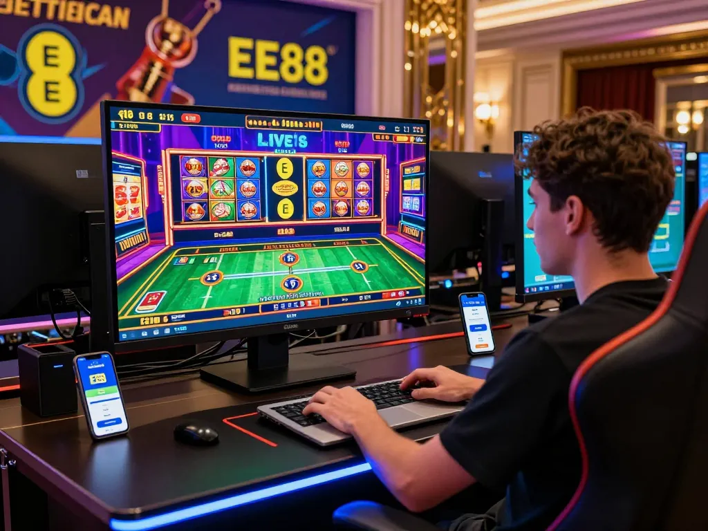 Experience the excitement of EE88 with vibrant gaming setup and live casino.