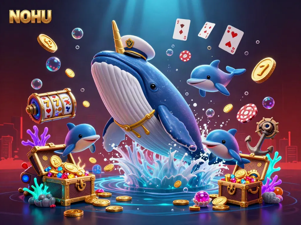 Experience thrilling casino action with NOHU as a giant whale and playful dolphins surround vibrant gaming elements.