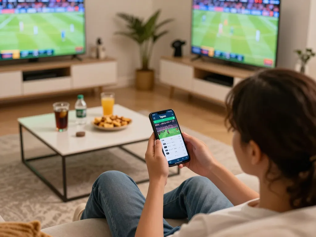 Person engaging with the 1gom betting app for live sports betting in a cozy home setup.