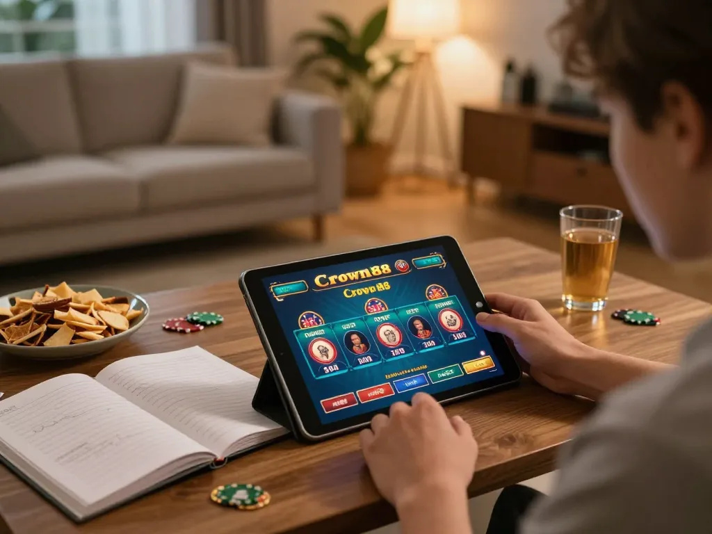 Crown88 player engaging in online casino gameplay from home with strategic notes beside them.