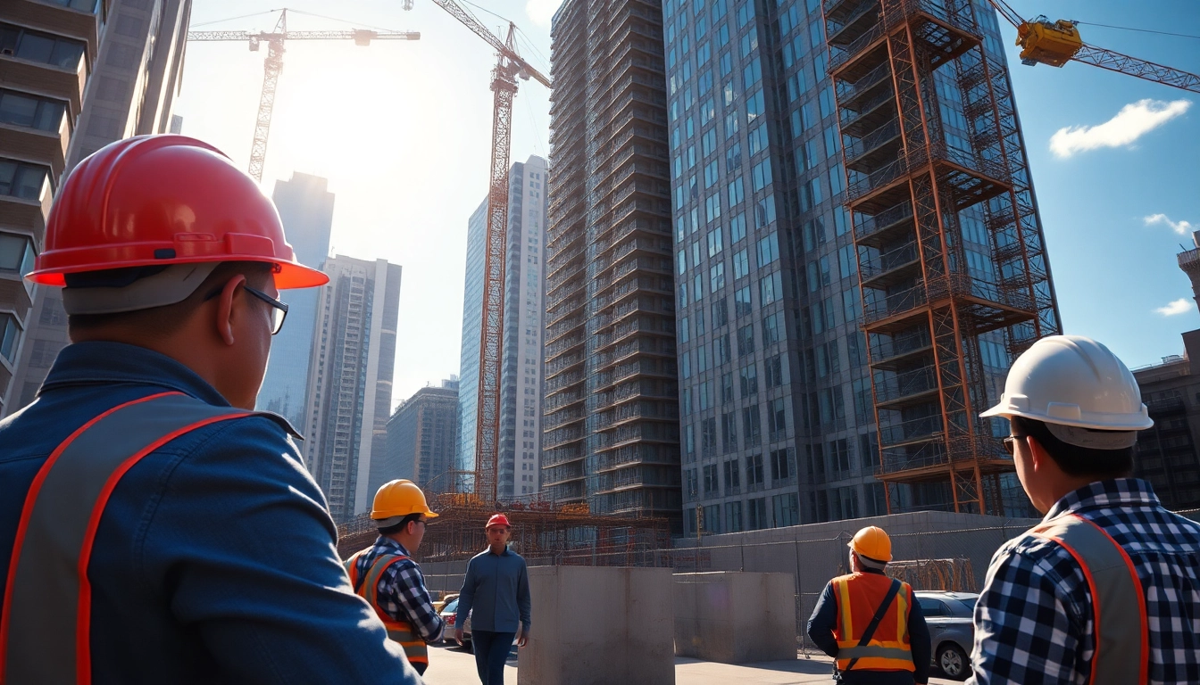 New York City Commercial General Contractor supervising construction site workers on a sunny day.