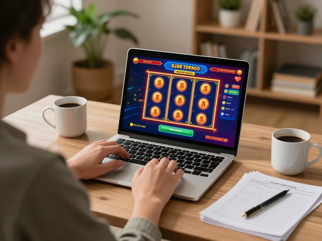 Engaged player using BJ88 online casino platform on a laptop in a cozy home office setup