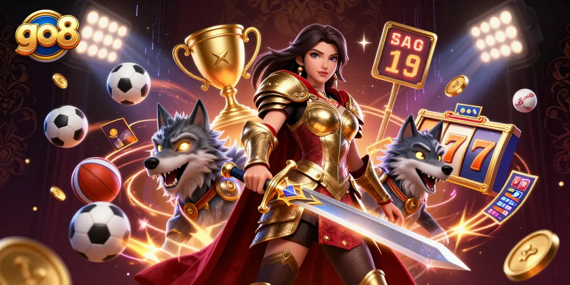 Experience thrilling action at go8 with a captivating scene of a warrior queen battling with dynamic gambling symbols.