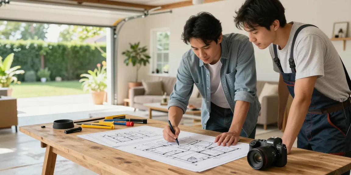 Garage conversion builder discussing design ideas with homeowner in bright modern space.