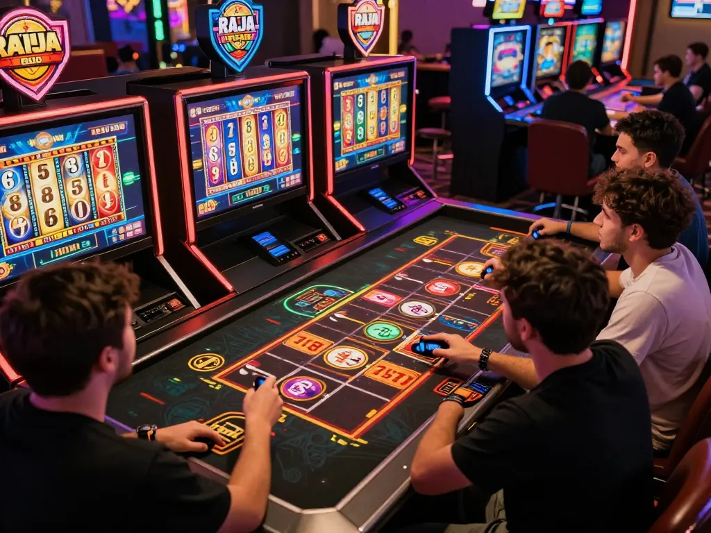 Engaged players experiencing raja slot excitement in a vibrant online casino setup.