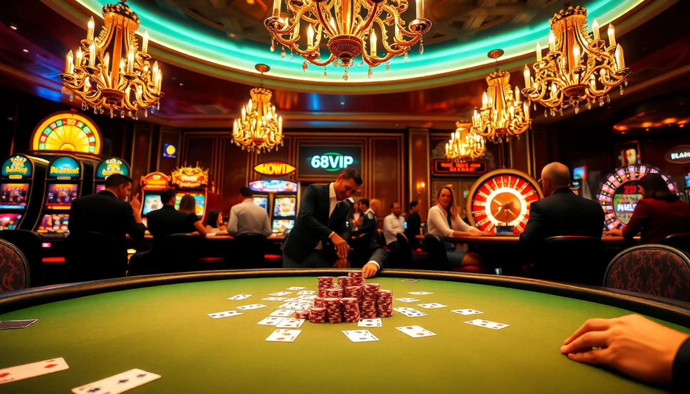 Players enjoying an exciting poker game with 68VIP branding in an upscale casino environment