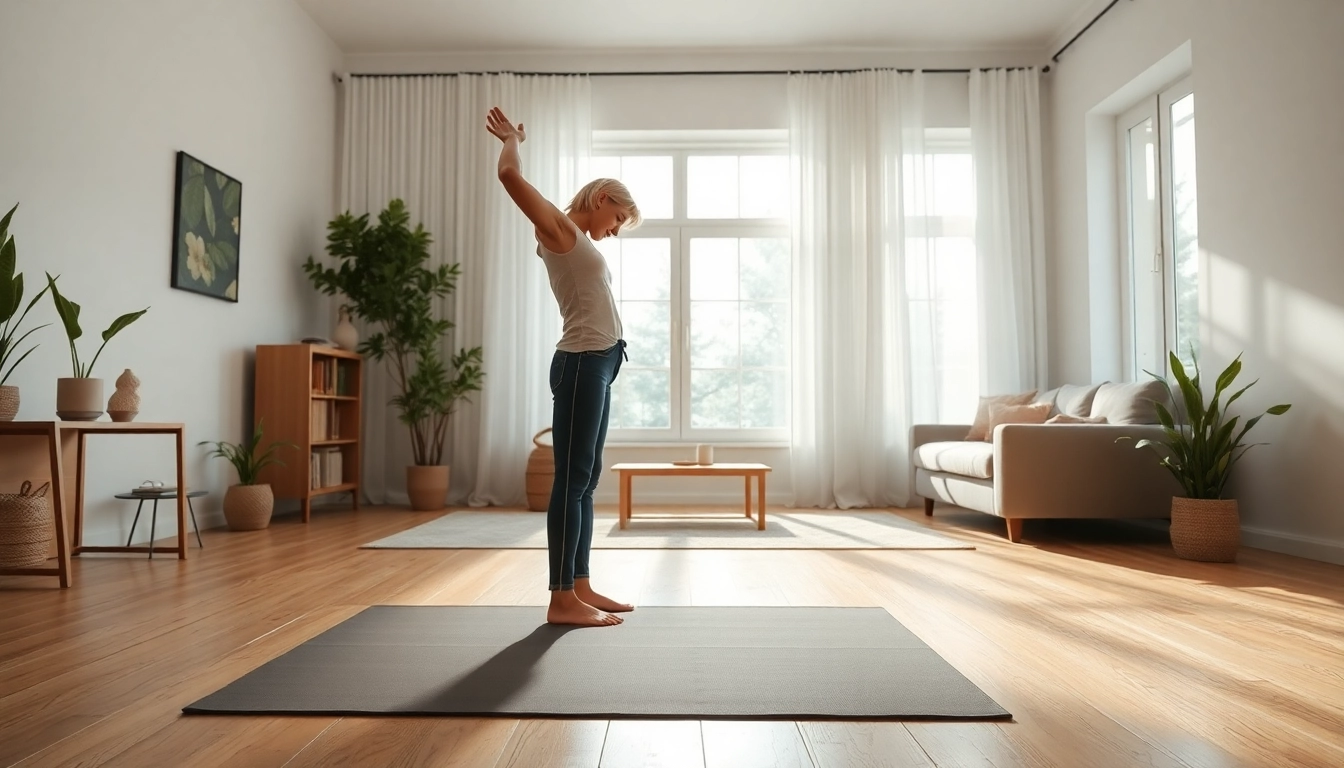 Practicing yoga to how to improve posture in a bright and serene home environment.