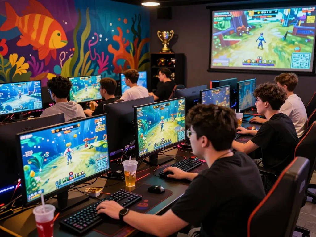 Players immersed in Fun79's vibrant online fishing games in a lively gaming lounge atmosphere.