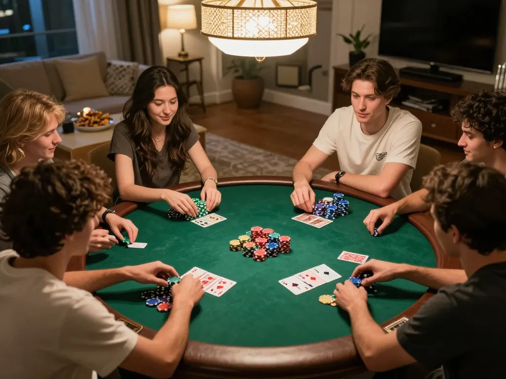 Friends enjoying a lively poker game night at home showcasing LLwin's vibrant gaming experience