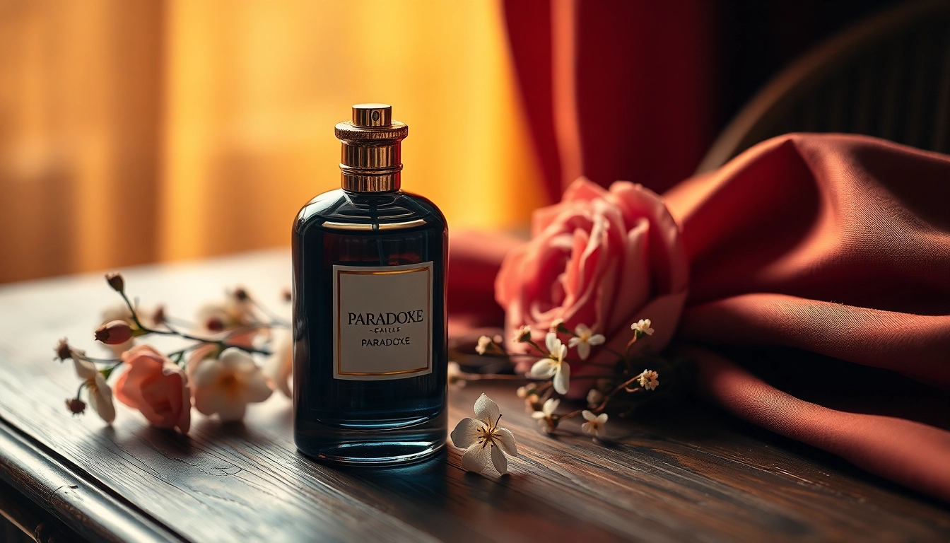 Discover the luxurious Paradoxe fragrance elegantly arranged with flowers and rich textures.