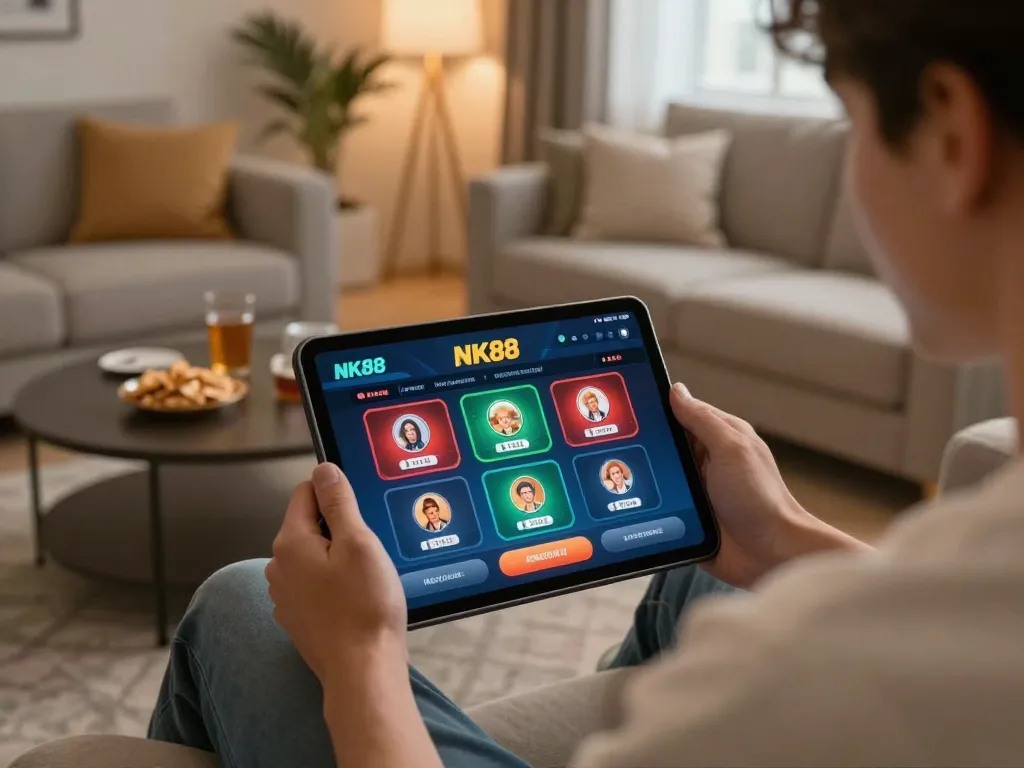 Engaging with NK88 online casino on a tablet in a cozy home setting