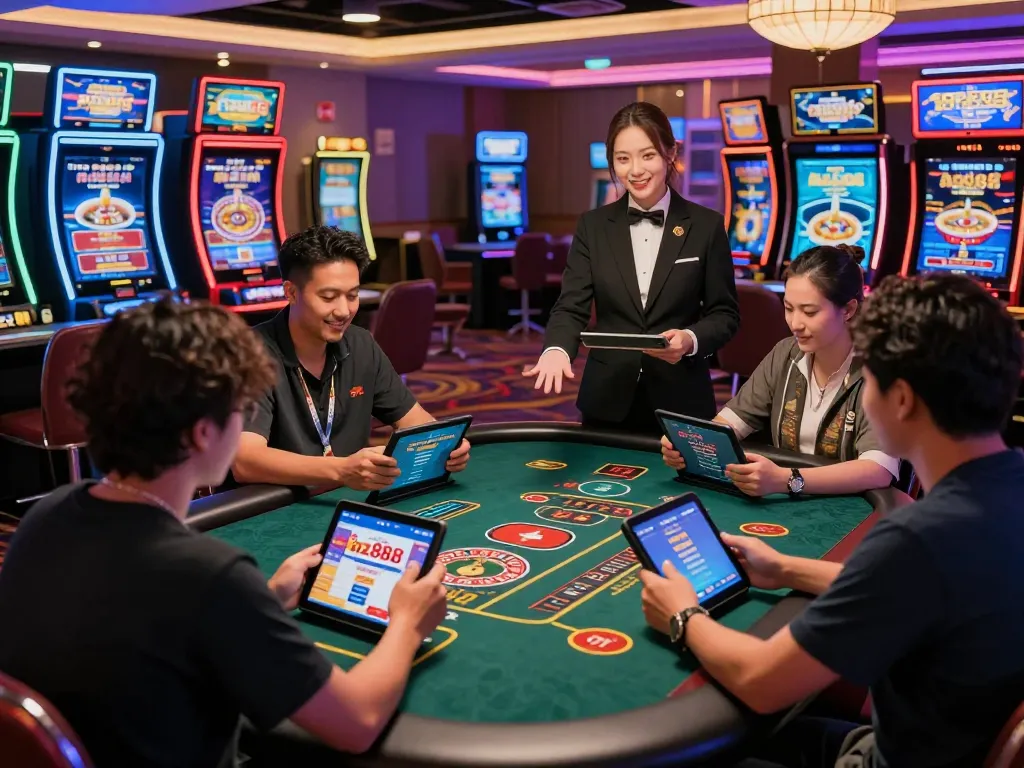 Exciting gambling scene with players accessing link vào az888 and engaging in casino games featuring vibrant lights and dynamic interactions.