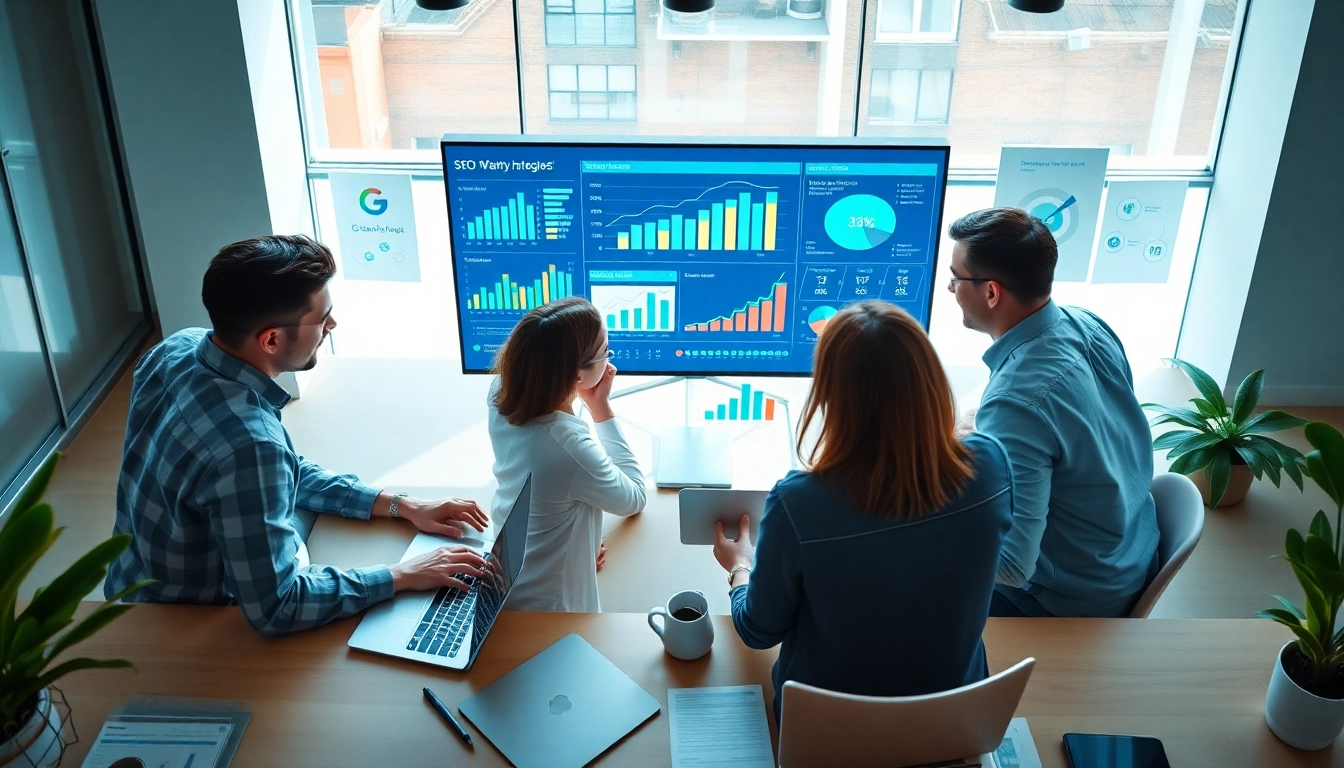 Understanding SEO Rank through a collaborative digital marketing team in a modern office.