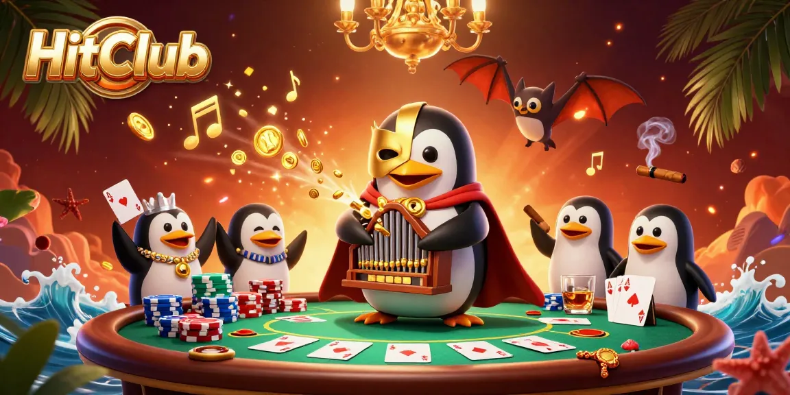 Experience HitClub's thrilling penguin opera scene with golden coins and poker excitement.