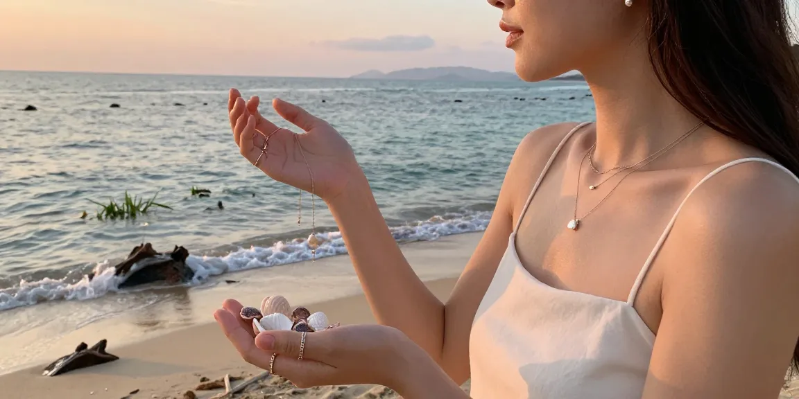 Explore minimalist jewellery uk in a serene coastal scene featuring elegant designs by the sea.