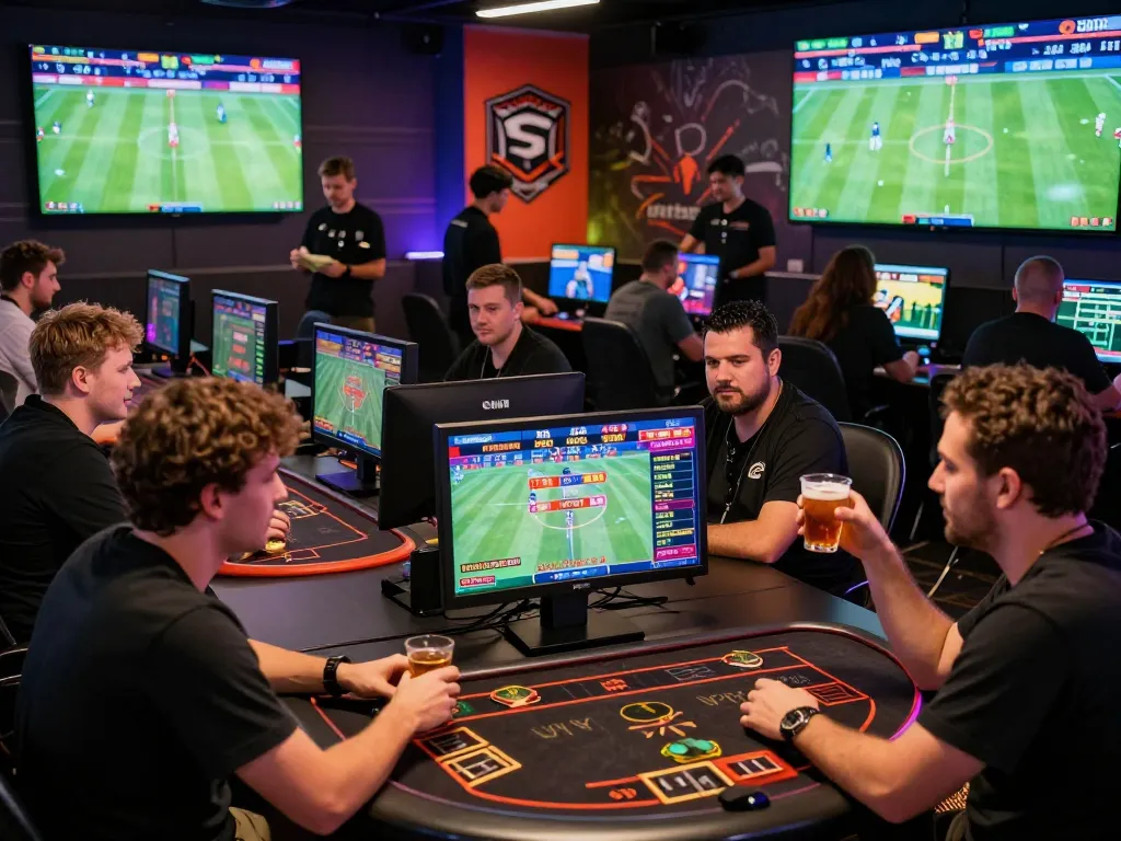 Exciting atmosphere at RIKBET gaming lounge, showcasing online betting activities and diverse players.