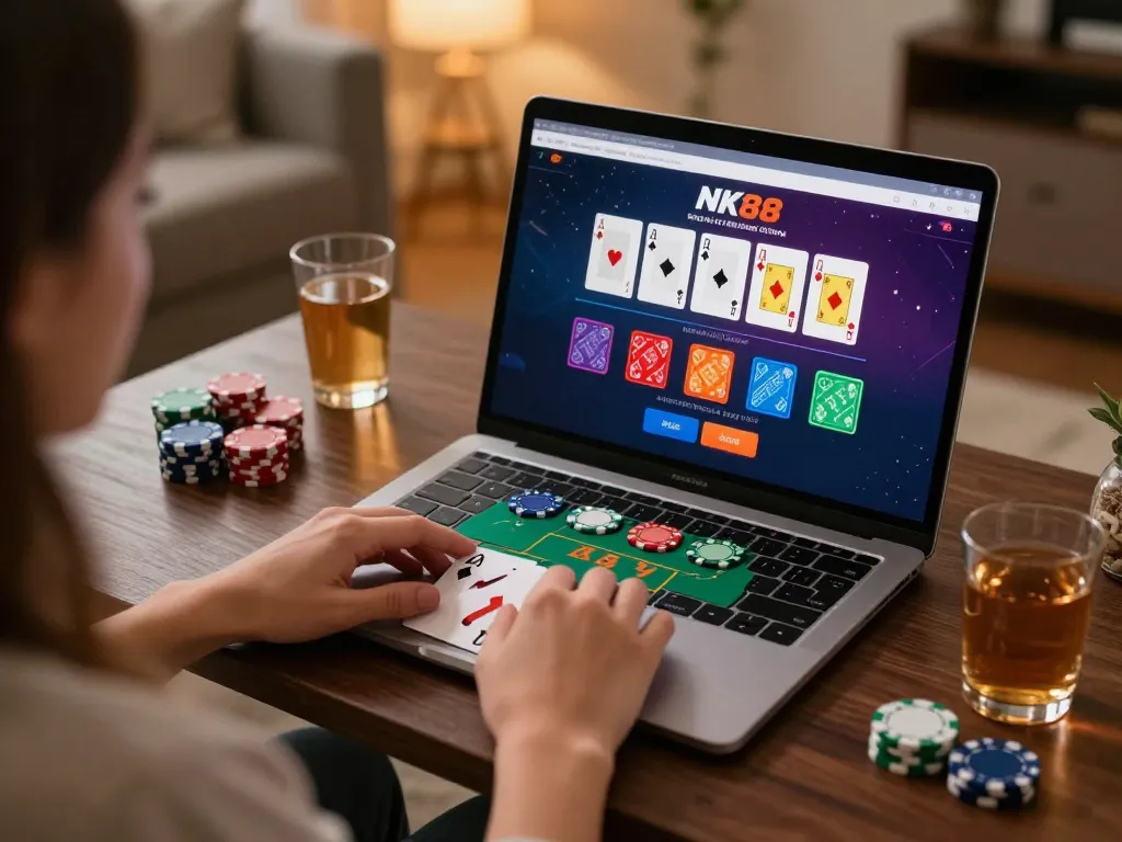 Engaging in an exciting online casino game via NK88 nhà cái on a laptop, capturing strategic gameplay in a cozy home