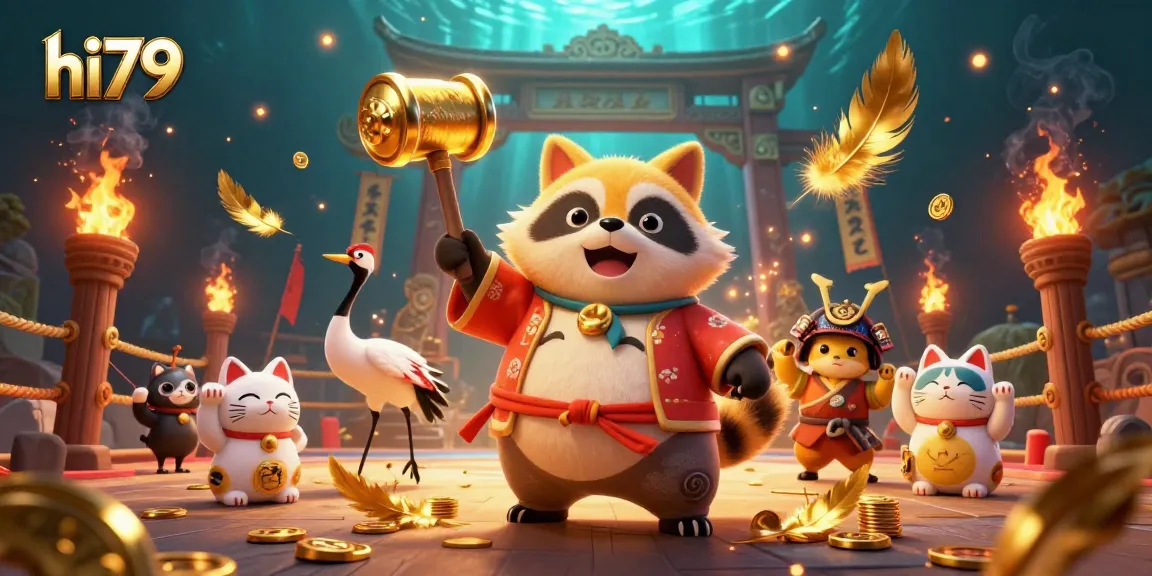 hi79 showcases a lively 3D gambling scene with a cheerful tanuki amidst vibrant casino elements.
