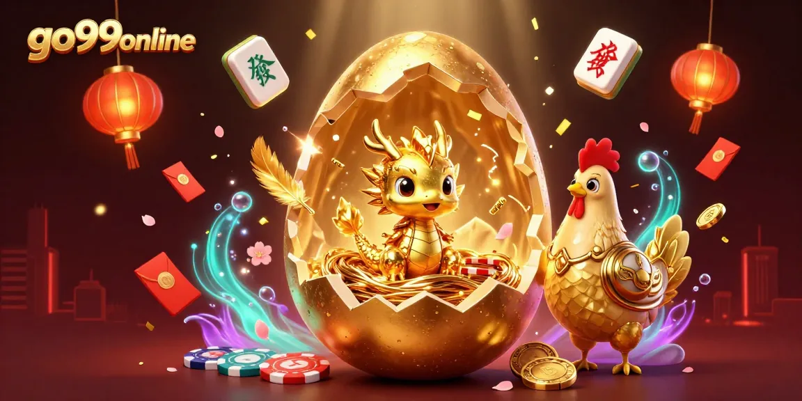 Experience excitement with go99online's baby dragon and golden poker chips in a vibrant, festive casino setting.