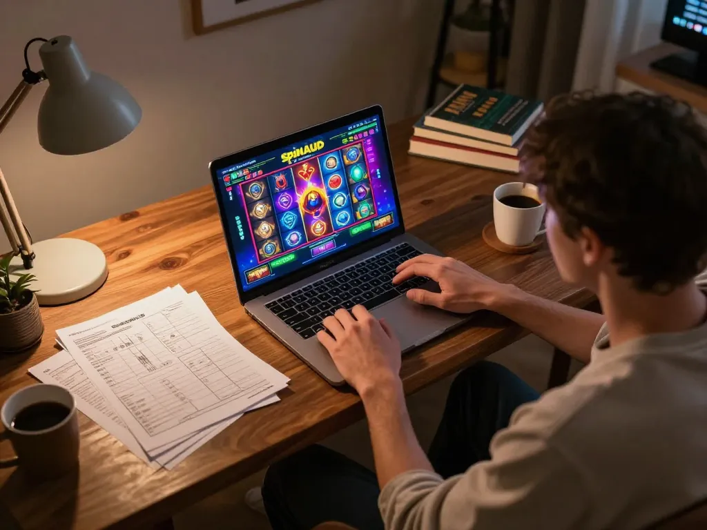 A player enjoying online gaming at Spin.AUD in a cozy home setting, highlighting strategic betting and responsible play.