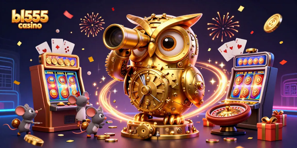 Experience excitement at bl555 casino with a dynamic scene of a golden owl and mouse patrons amidst colorful slot games.