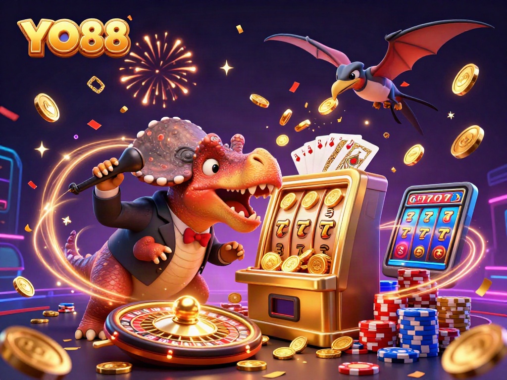 Experience the thrill of YO88 as a dinosaur hits a golden slot machine, catching golden coins!