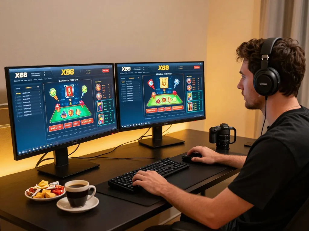 X88 online casino gameplay on dual monitors during a strategic home gaming session