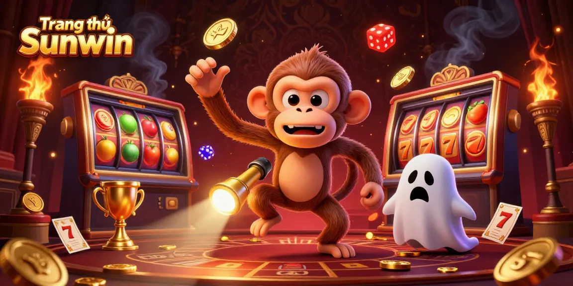 Engaging illustration of Trang chủ Sunwin showcasing golden coins, slot reels, and a playful ghost-hunter puppy.