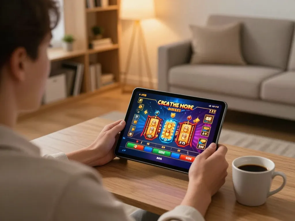 Engaging player using the app ATQ for online slots in a cozy home setup.