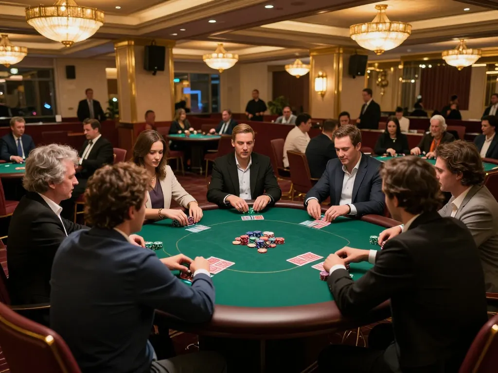 Players engaging in high-stakes poker game at g28 com casino floor, vibrant atmosphere showcasing strategic gameplay.