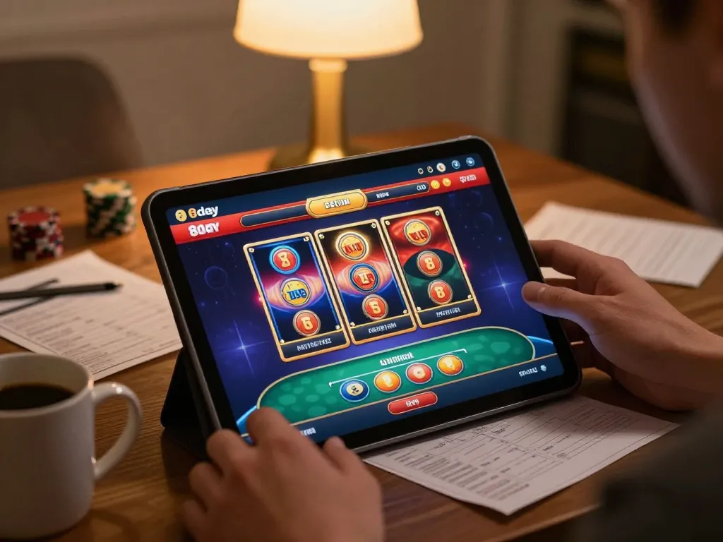 Player exploring the 8day casino app interface on a tablet, colorful games showcased.