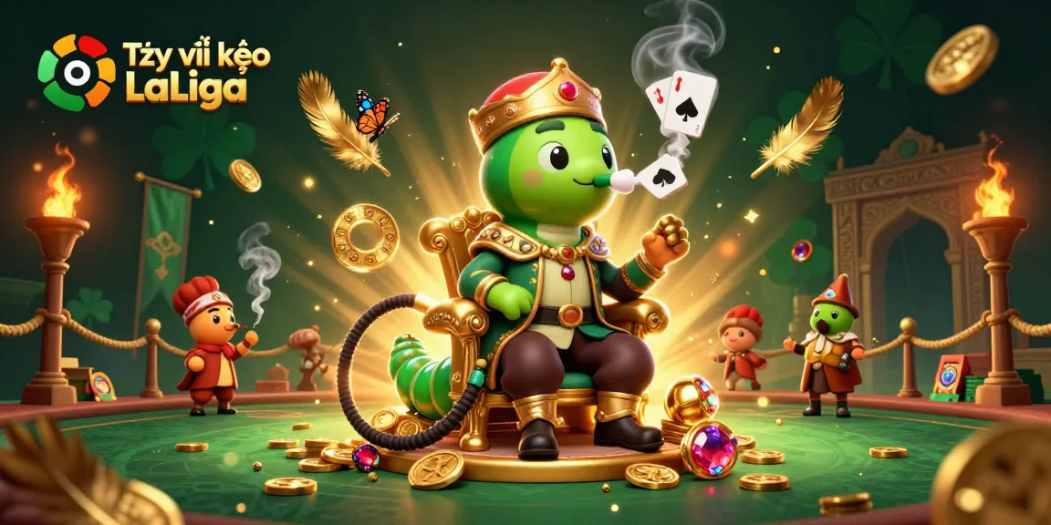 Experience Tỷ lệ kèo La Liga in a vibrant 3D scene featuring a hookah-master, gold coins, and sports elements.
