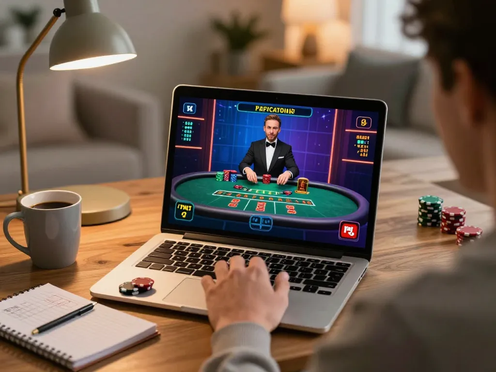 Engaging home gaming moment at FUN79 with live blackjack on laptop, showcasing a welcoming ambiance for players.