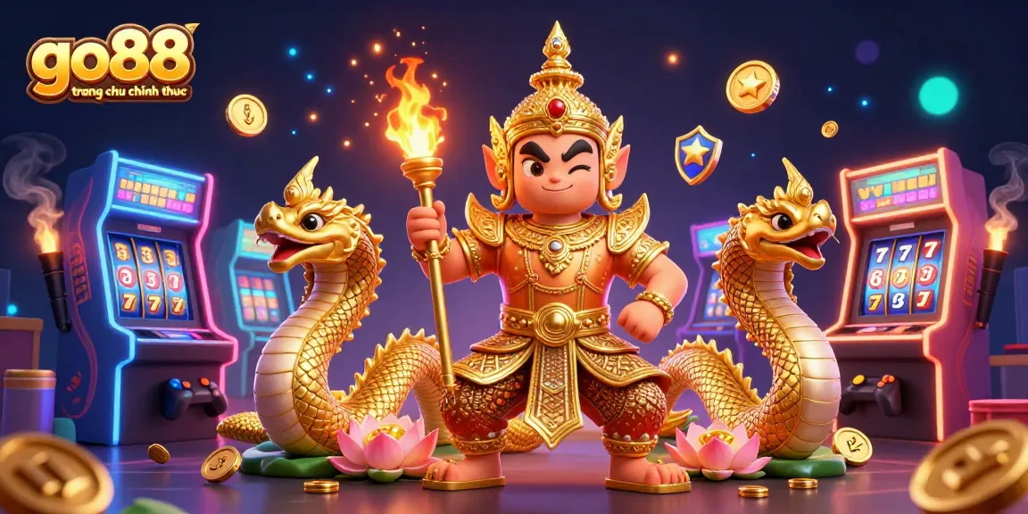 Engage with go88 trang chu chinh thuc in a vibrant casino scene with colorful game machines and mythical guardians.