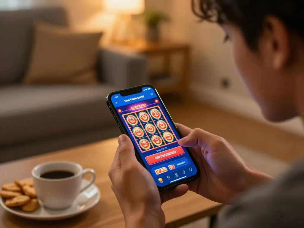 Claim Link Free Credit RM5 Malaysia with a player focused on a mobile casino app in a cozy home setting.