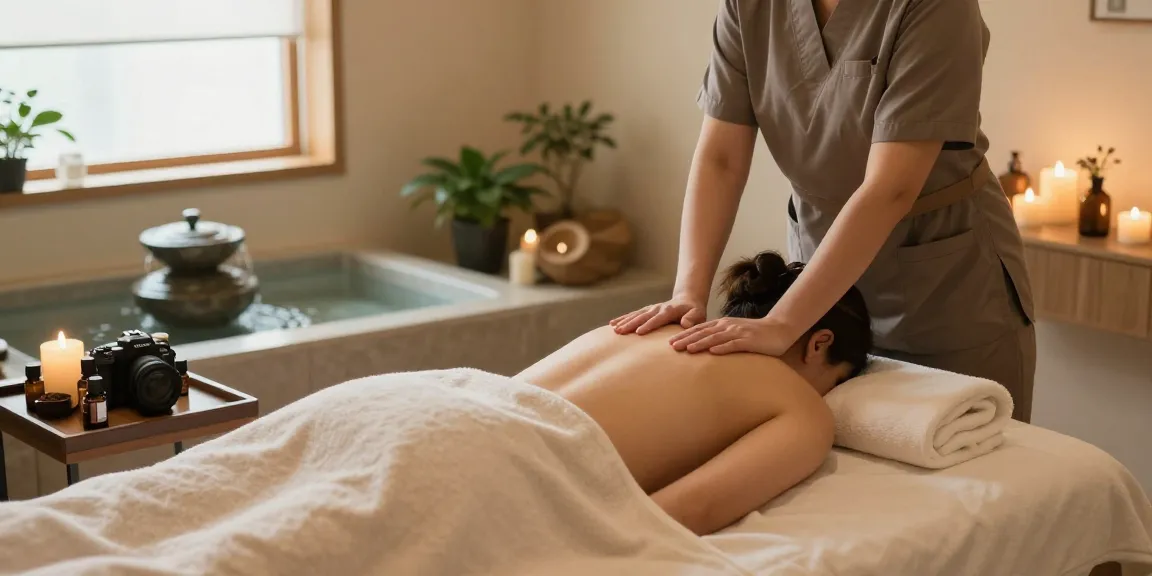 청라출장마사지 therapy session in a soothing spa environment, relaxing atmosphere with essential oils and candles.