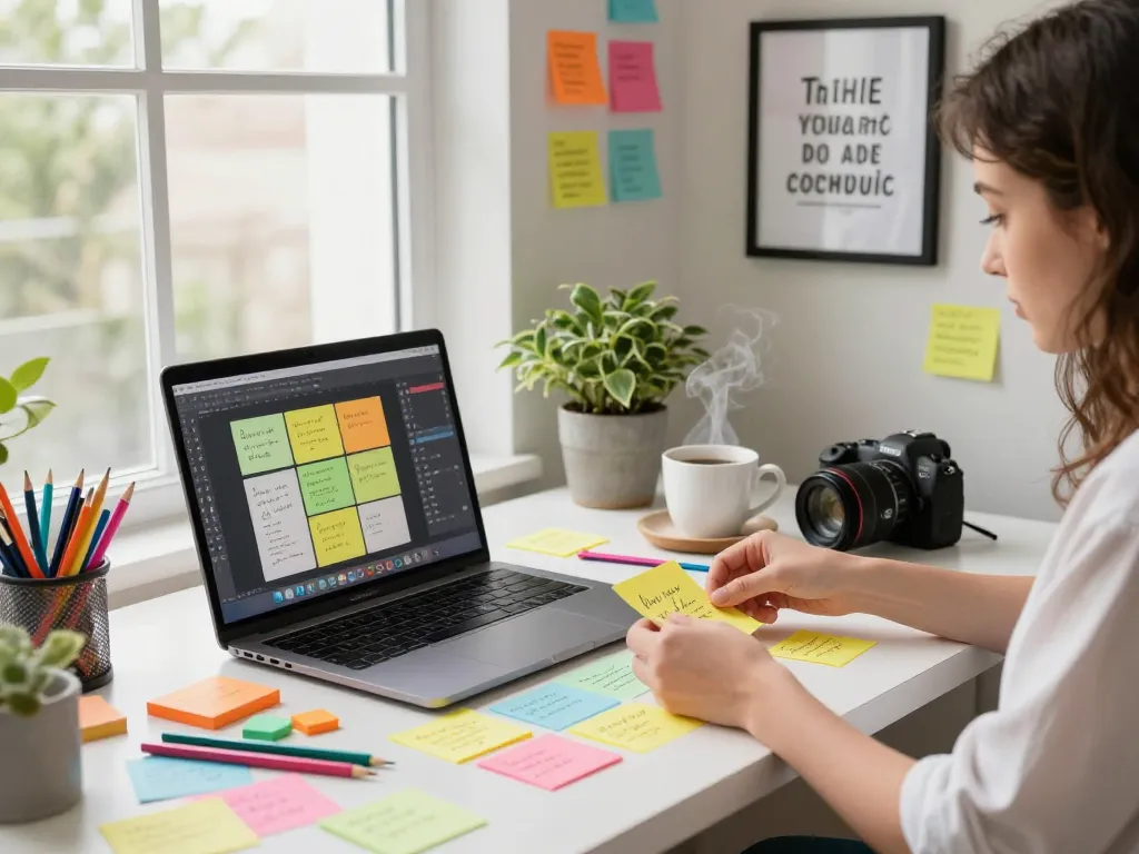 Designer showcasing custom sticky notes at a vibrant workspace desk with colorful stationery.