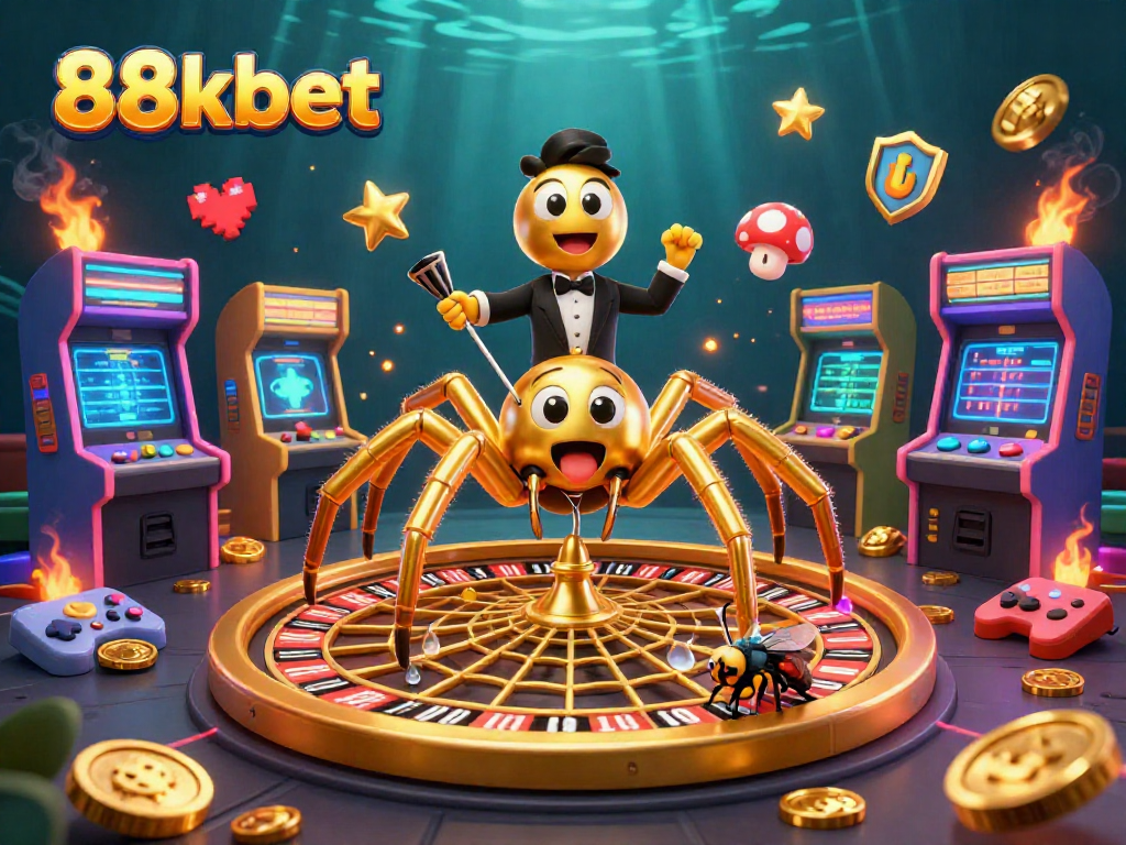 Bet on the vibrant 88kbet scene displaying a golden spider and a centipede croupier in a dynamic casino environment.