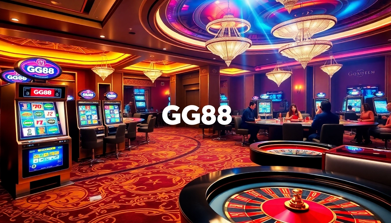 Experience the thrills of GG88 slot Link with a vibrant casino scene showcasing luxurious slots and gaming.