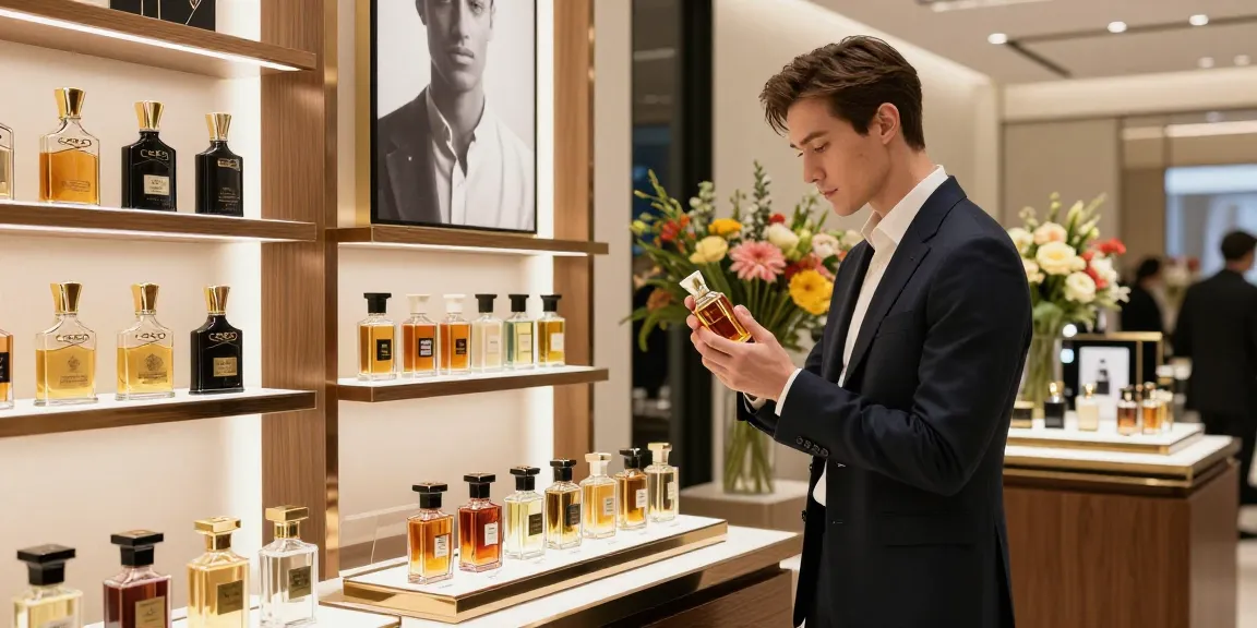 Top fragrances for men showcased in an elegant retail setting with a stylish model testing scents.