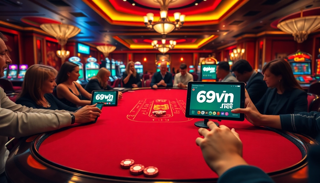 Players enjoying blackjack at a luxury casino table, highlighting 69vn.gb.net for an engaging online gambling experience.