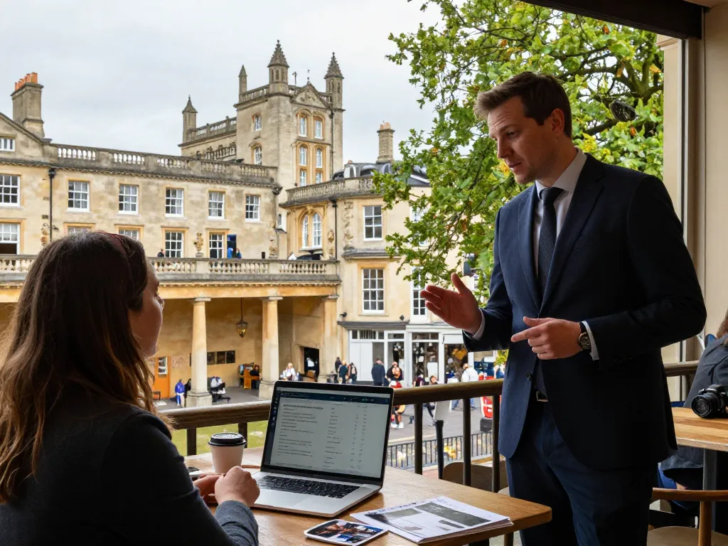 Airbnb management in Bath: host discussing strategies with a client at a café.