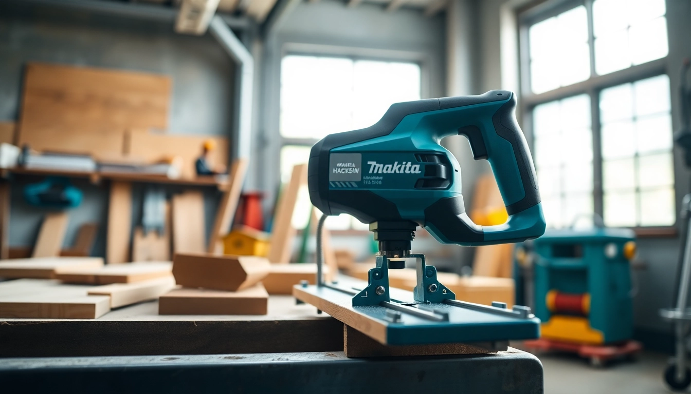 Makita hacksaw showcasing precision cutting in a well-lit workshop.